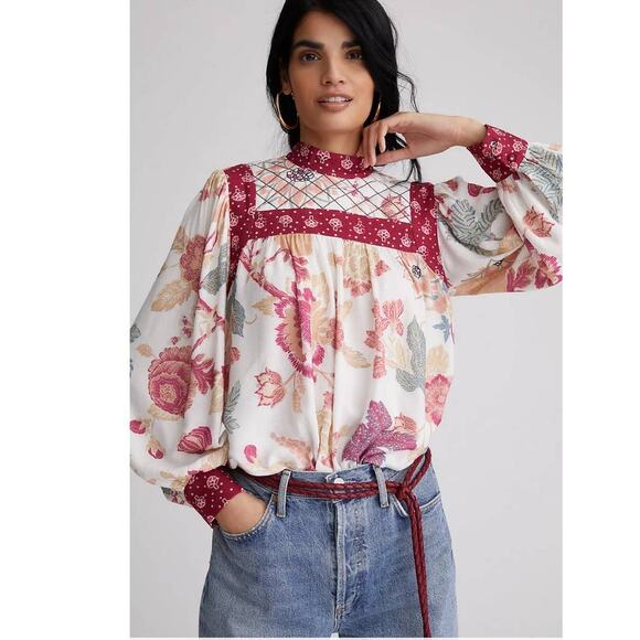 New Anthropologie Let Me Be Quilted Floral Long Sleeve Blouse $130 SMALL Pink - Picture 3 of 4
